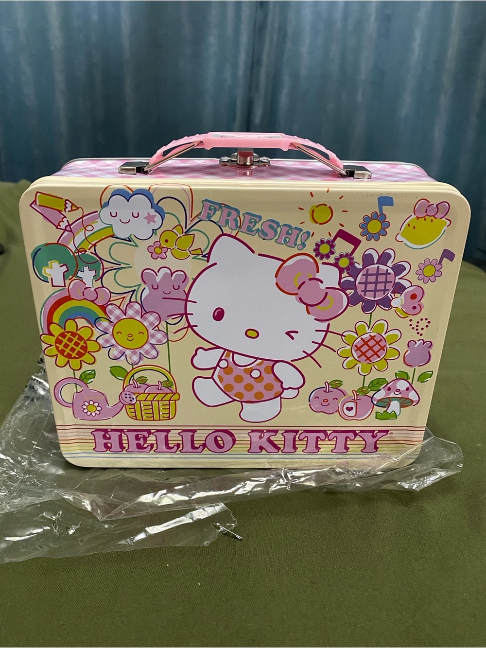 Hello Kitty Tin Lunchbox with Pink and Cream Floral Art